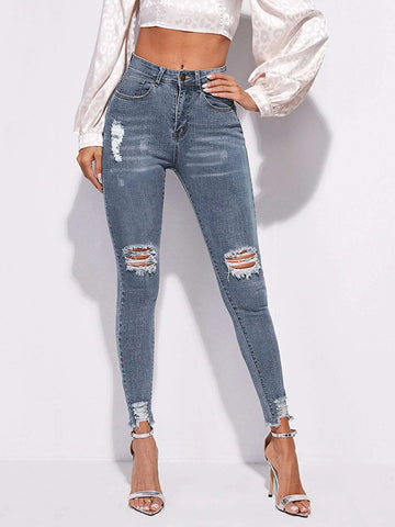 High Stretch Raw Hem Ripped Skinny Jeans