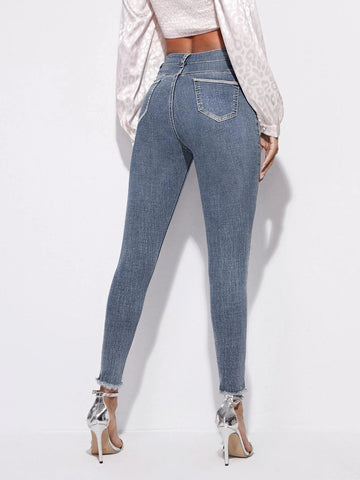 High Stretch Raw Hem Ripped Skinny Jeans