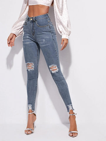 High Stretch Raw Hem Ripped Skinny Jeans
