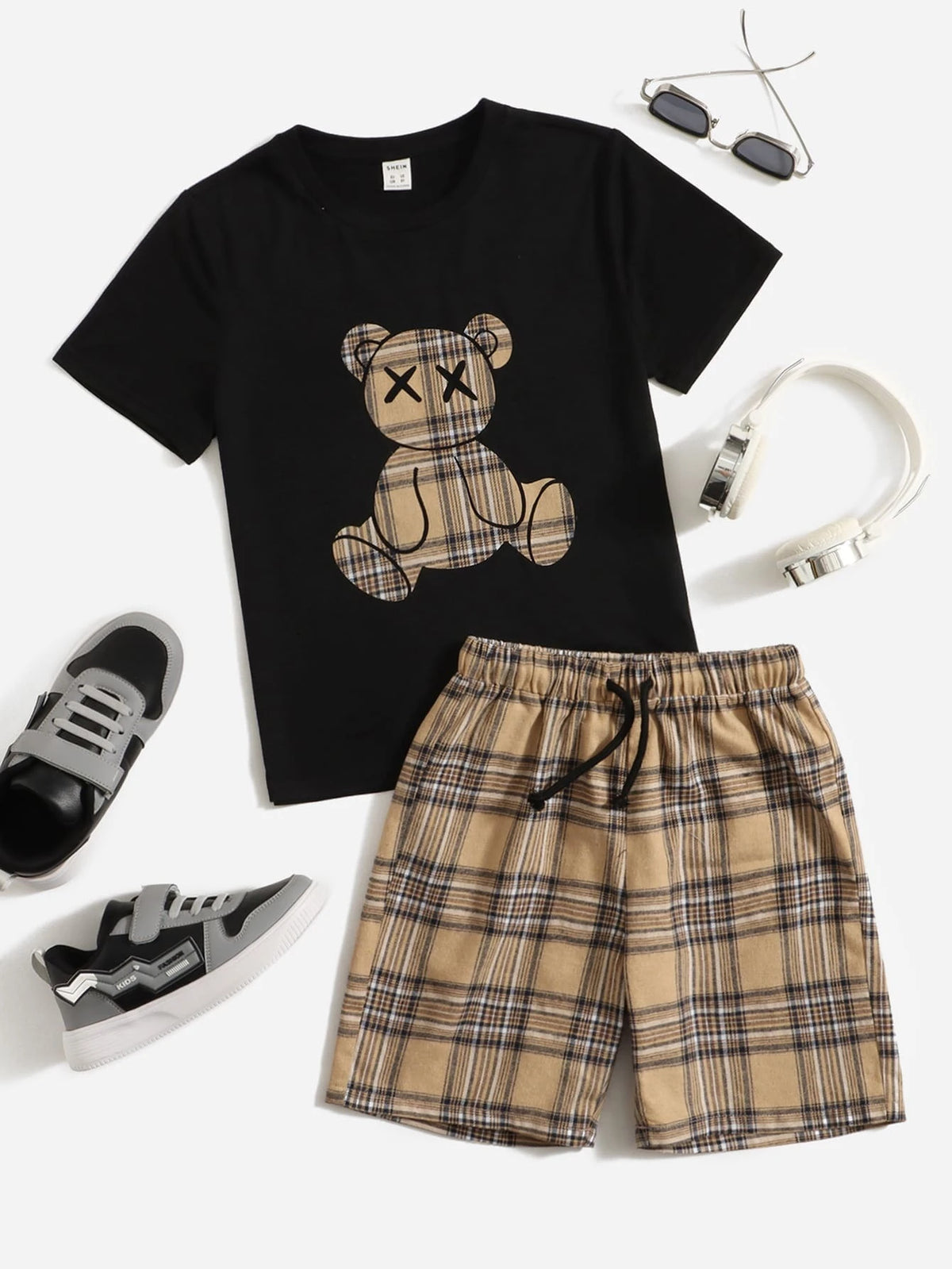 Boys Tartan & Bear Print Tee & Shorts Set