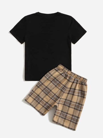 Boys Tartan & Bear Print Tee & Shorts Set