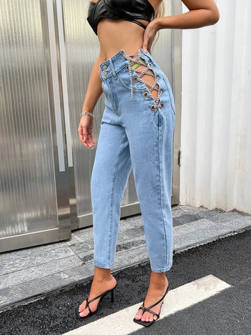 High Waist Chain Detail Lace-up Side Straight Leg Jeans