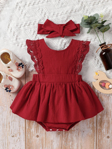 Guipure Lace Panel Combo Bodysuit Dress & Headband