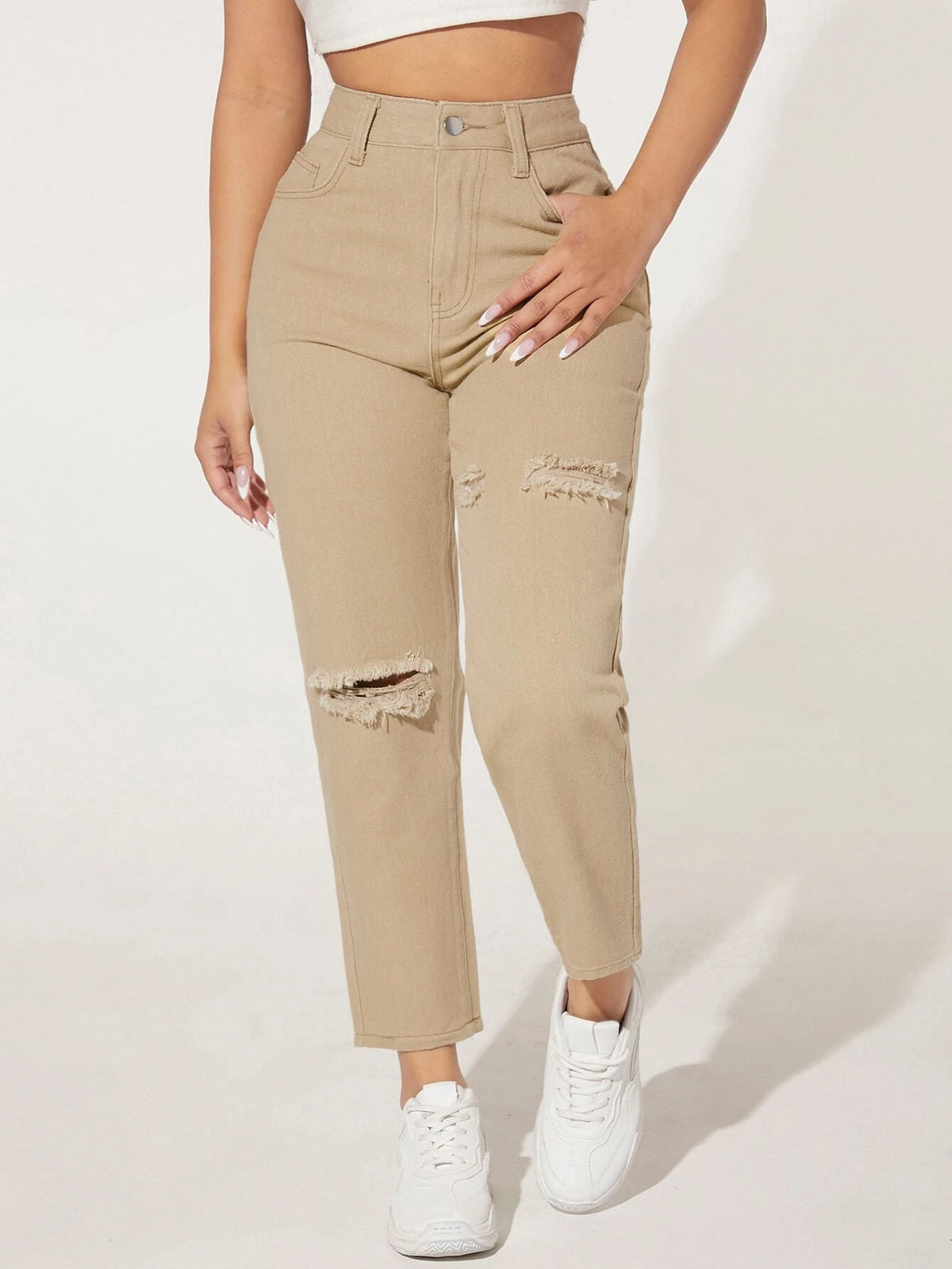 PETITE Solid High Waist Ripped Jeans