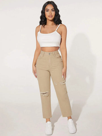 PETITE Solid High Waist Ripped Jeans