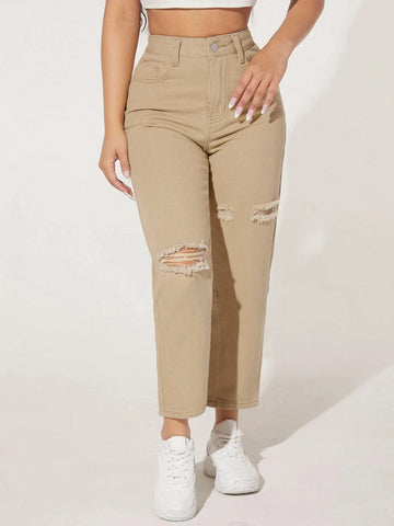 PETITE Solid High Waist Ripped Jeans