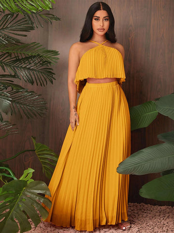 SXY Solid Pleated Halter Top & Skirt