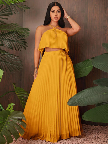 SXY Solid Pleated Halter Top & Skirt