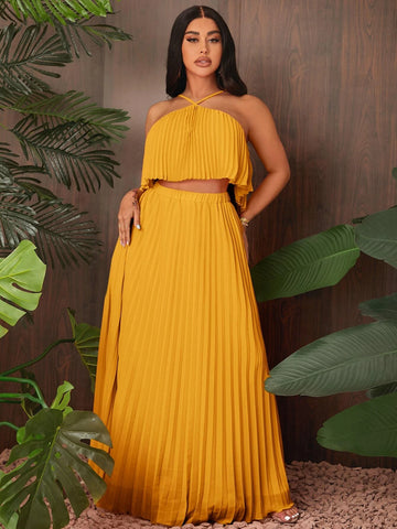 SXY Solid Pleated Halter Top & Skirt