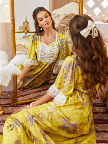 Floral Print Contrast Lace Flounce Sleeve Ruffle Hem Satin Nightdress