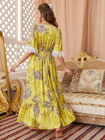 Floral Print Contrast Lace Flounce Sleeve Ruffle Hem Satin Nightdress