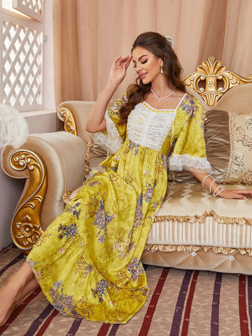 Floral Print Contrast Lace Flounce Sleeve Ruffle Hem Satin Nightdress