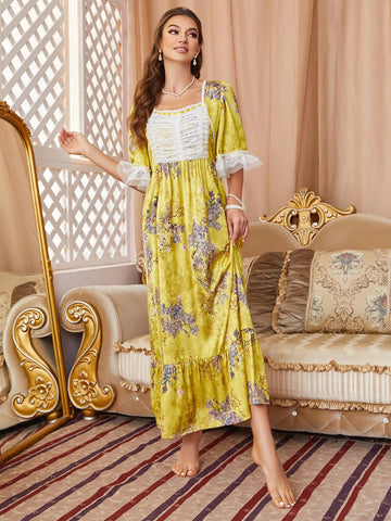 Floral Print Contrast Lace Flounce Sleeve Ruffle Hem Satin Nightdress