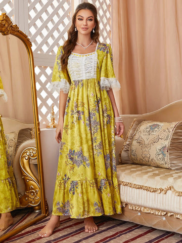 Floral Print Contrast Lace Flounce Sleeve Ruffle Hem Satin Nightdress