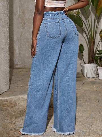 High Waist Raw Hem Wide Leg Jeans