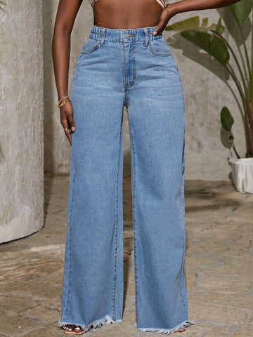 High Waist Raw Hem Wide Leg Jeans