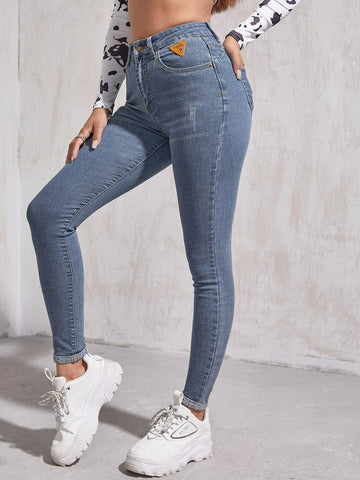 High Waist Patch Detail Skinny Jeans