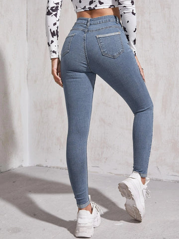 High Waist Patch Detail Skinny Jeans