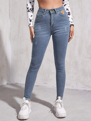 High Waist Patch Detail Skinny Jeans
