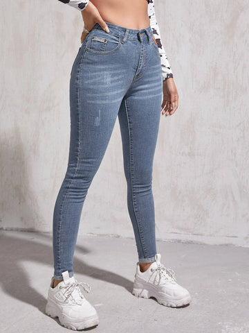 High Waist Patch Detail Skinny Jeans