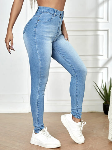 High Waist Bleach Wash Ripped Skinny Jeans