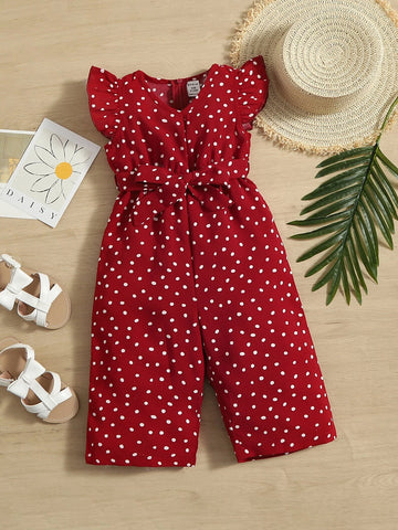 Baby Polka Dot Ruffle Sleeve Belted Jumpsuit
