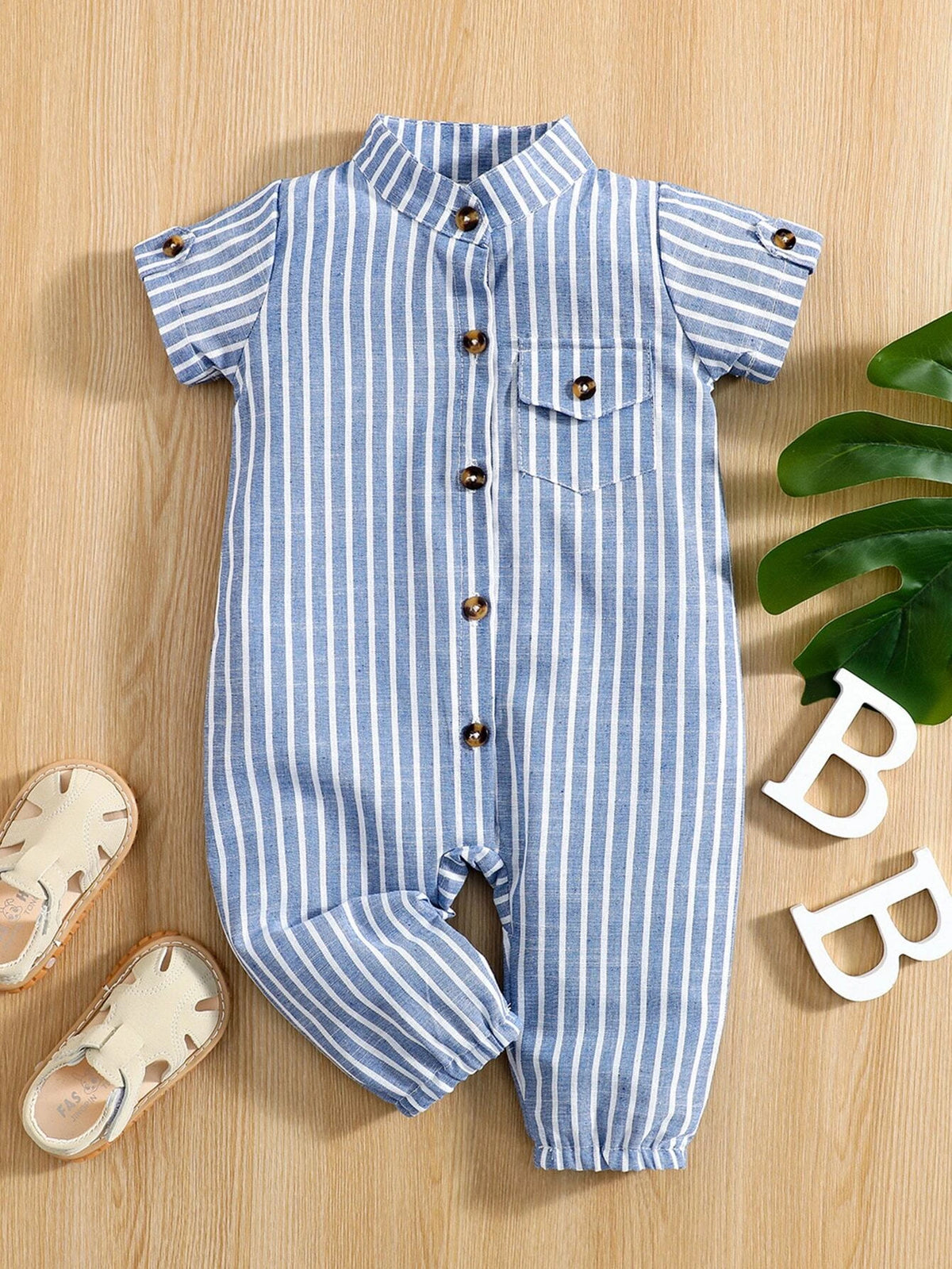 Baby Vertical Striped Flap Pocket Jumpsuit