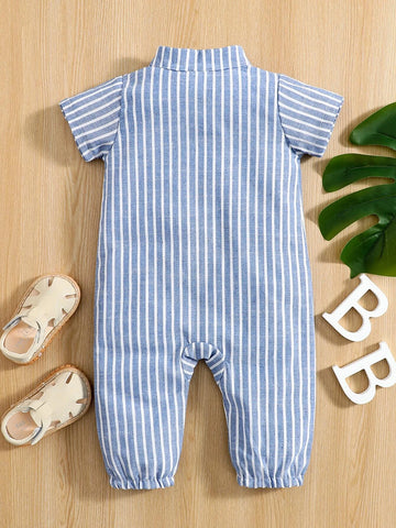 Baby Vertical Striped Flap Pocket Jumpsuit