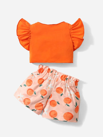 Baby Twist Flutter Sleeve Top & Orange Print Bow Paperbag Waist Shorts
