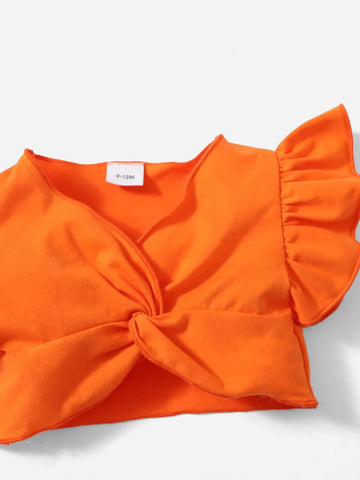 Baby Twist Flutter Sleeve Top & Orange Print Bow Paperbag Waist Shorts