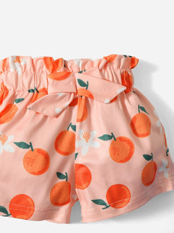 Baby Twist Flutter Sleeve Top & Orange Print Bow Paperbag Waist Shorts