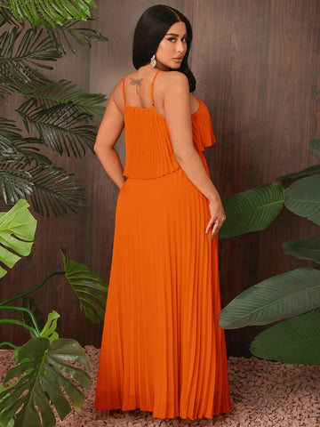 SXY Solid Pleated Halter Top & Skirt