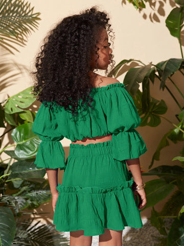 Girls Off The Shoulder Puff Sleeve Lettuce Trim Blouse & Ruffle Hem Skirt