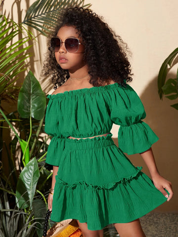 Girls Off The Shoulder Puff Sleeve Lettuce Trim Blouse & Ruffle Hem Skirt