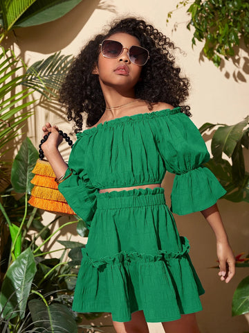 Girls Off The Shoulder Puff Sleeve Lettuce Trim Blouse & Ruffle Hem Skirt