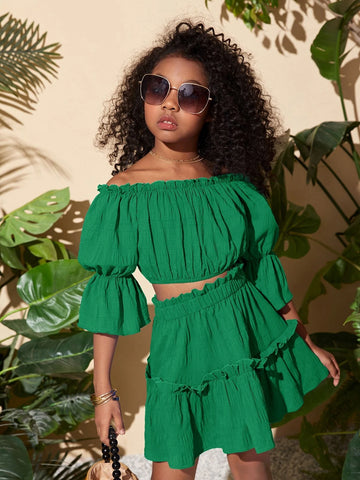 Girls Off The Shoulder Puff Sleeve Lettuce Trim Blouse & Ruffle Hem Skirt