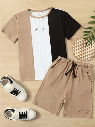 Boys Letter Graphic Colorblock Tee & Drawstring Waist Shorts