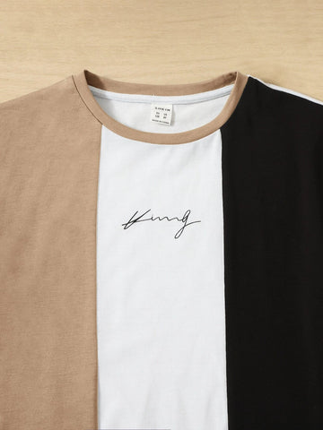 Boys Letter Graphic Colorblock Tee & Drawstring Waist Shorts