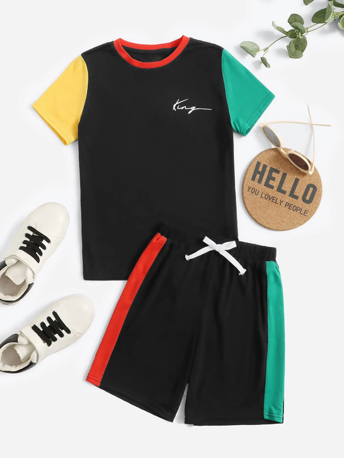 Boys Color Block Letter Graphic Tee & Drawstring Waist Shorts