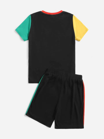 Boys Color Block Letter Graphic Tee & Drawstring Waist Shorts