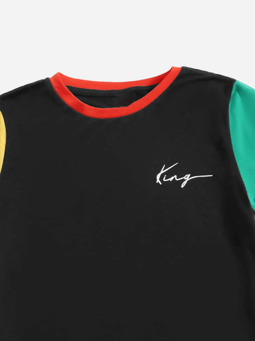 Boys Color Block Letter Graphic Tee & Drawstring Waist Shorts