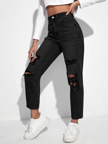 Zipper Fly Ripped Tapered Jeans