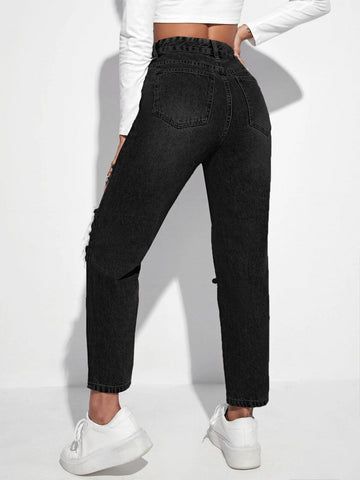Zipper Fly Ripped Tapered Jeans