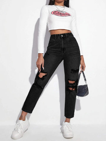Zipper Fly Ripped Tapered Jeans