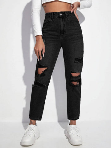 Zipper Fly Ripped Tapered Jeans