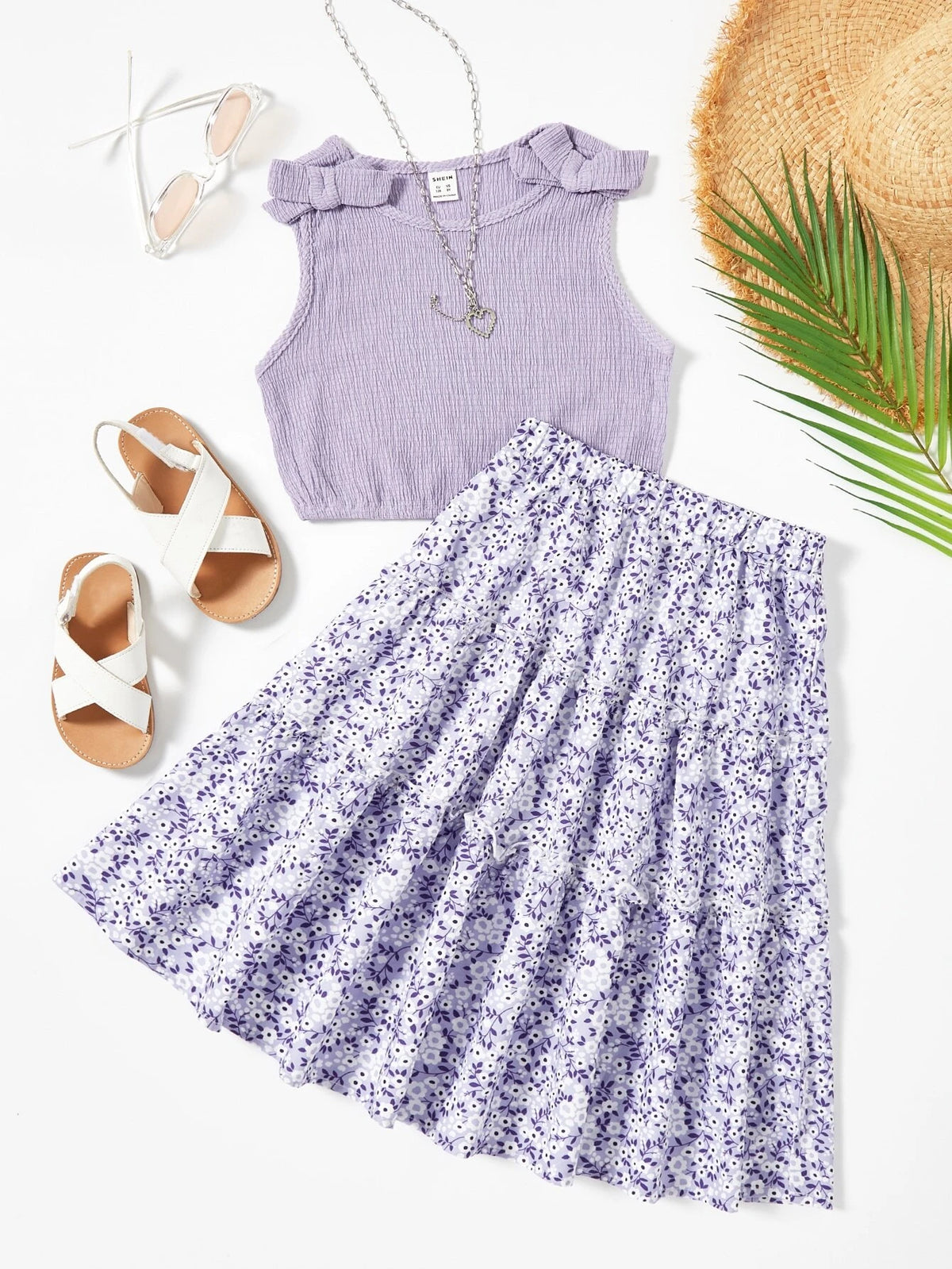 Girls Bow Patched Top And Ditsy Floral Skirt