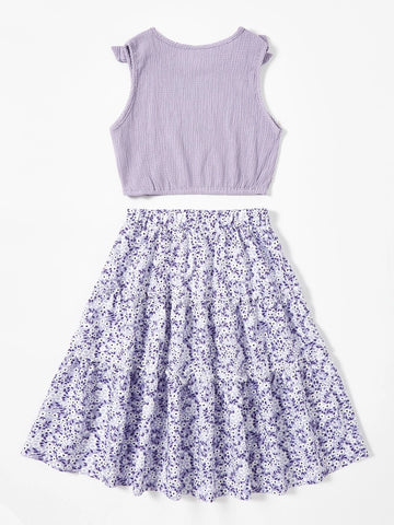 Girls Bow Patched Top And Ditsy Floral Skirt
