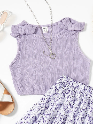 Girls Bow Patched Top And Ditsy Floral Skirt