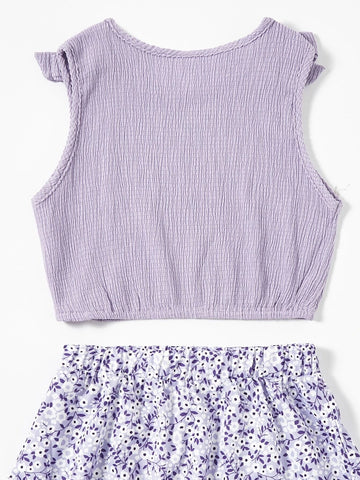 Girls Bow Patched Top And Ditsy Floral Skirt