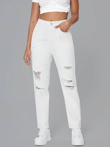Zipper Fly Ripped Tapered Jeans